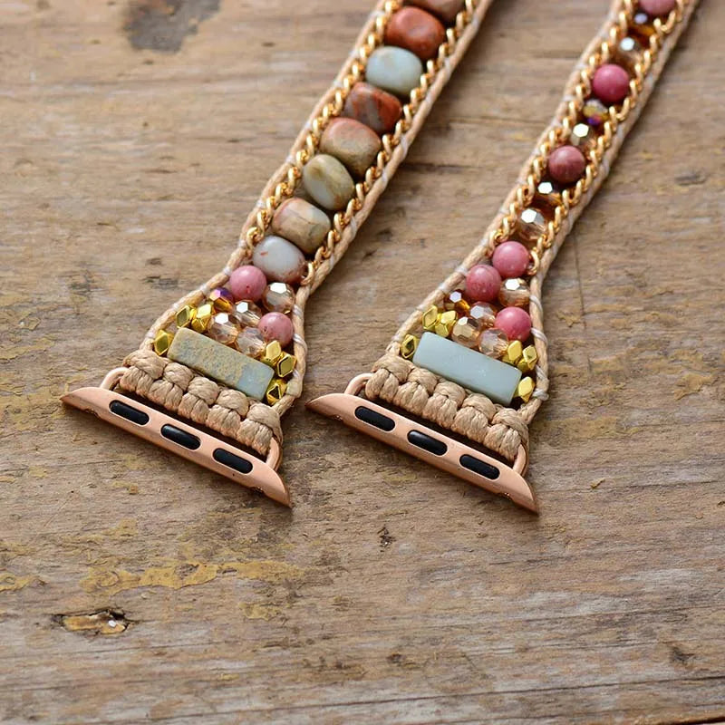 Pulseira Bracelete Boho Chic Para Apple Watch, Smart Watch em Pedras Naturais Amazonita, Jaspe Vermelho e Rodocrosita.