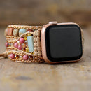 Pulseira Bracelete Boho Chic Para Apple Watch, Smart Watch em Pedras Naturais Amazonita, Jaspe Vermelho e Rodocrosita.