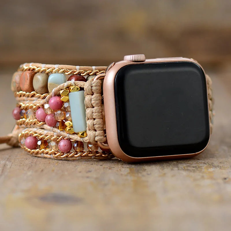 Pulseira Bracelete Boho Chic Para Apple Watch, Smart Watch em Pedras Naturais Amazonita, Jaspe Vermelho e Rodocrosita.