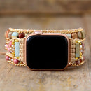 Pulseira Bracelete Boho Chic Para Apple Watch, Smart Watch em Pedras Naturais Amazonita, Jaspe Vermelho e Rodocrosita.