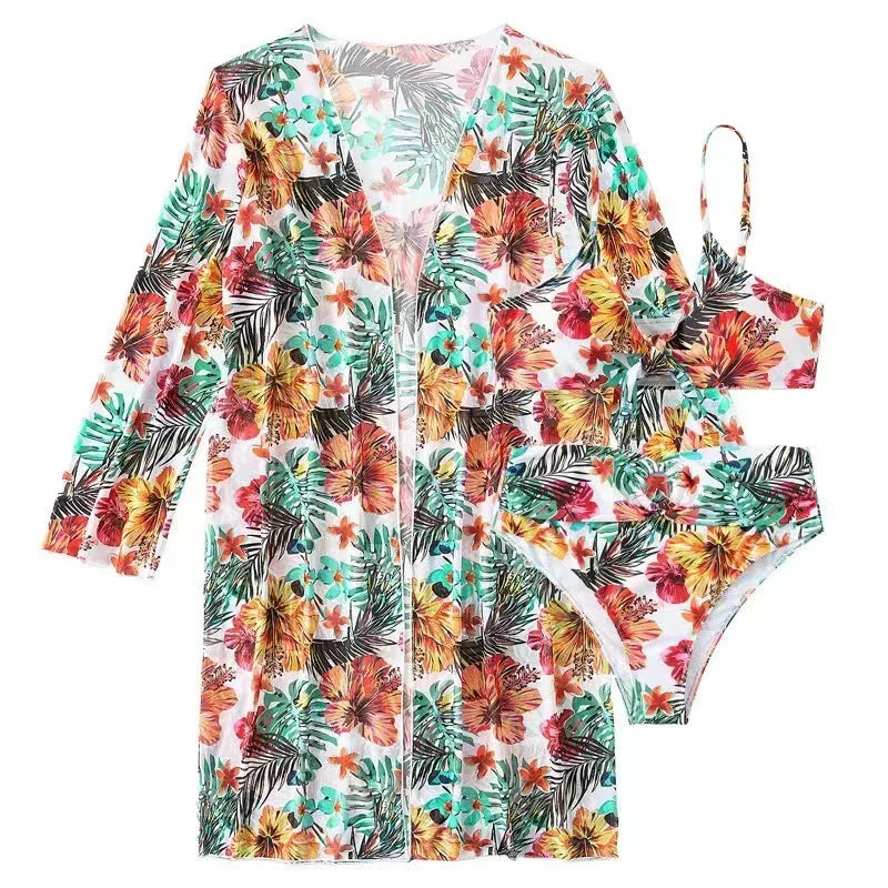 Conjunto de Biquini, Super Sexy, com Saída de Praia Floral Tropical Manga Longa.
