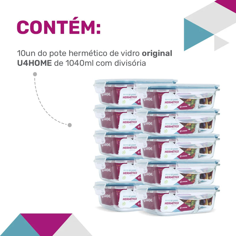 Potes Herméticos de Vidro Retangular MULTIFUNCIONAL – Kit com 10 Peças. - Tampas Herméticas.- Capacidade: 1040ml.