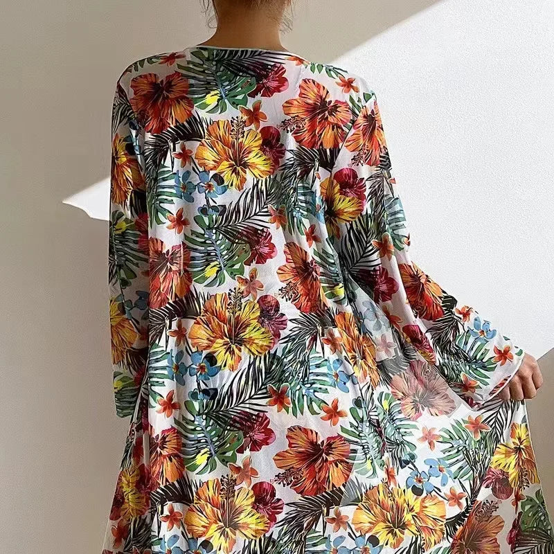 Conjunto de Biquini, Super Sexy, com Saída de Praia Floral Tropical Manga Longa.