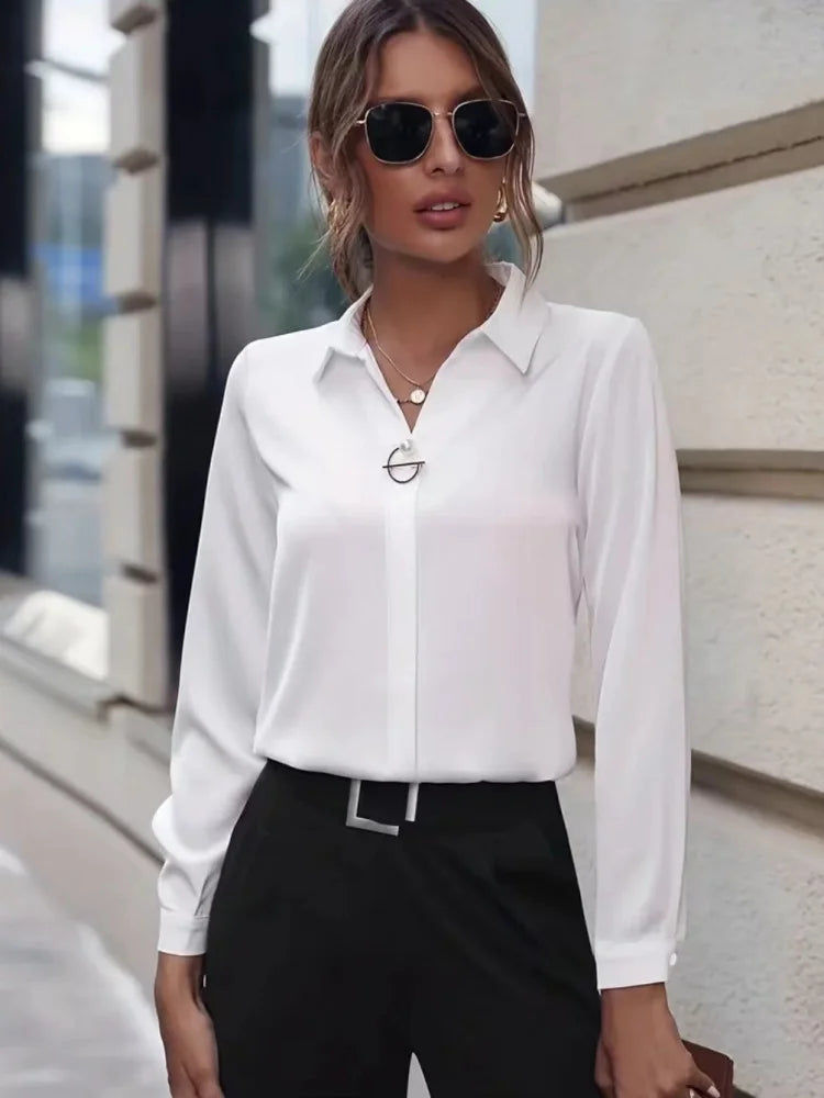 Blusa Feminina Elegante, Design Solto, Manga Comprida, Estilo Office, Super Confortável.