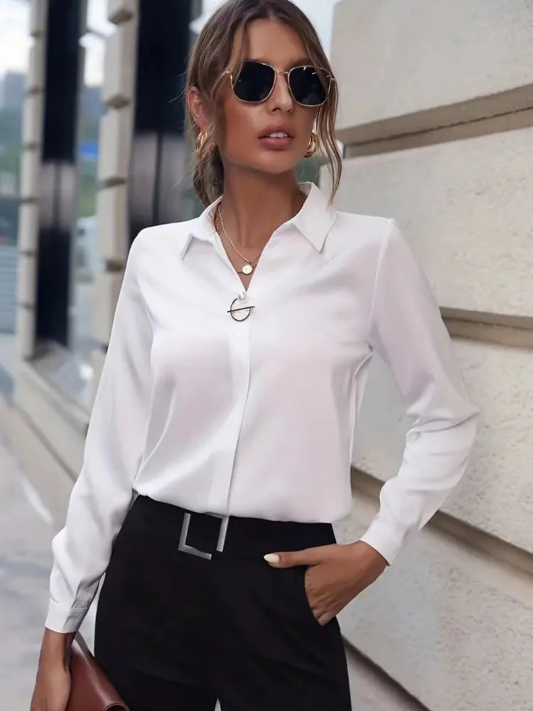 Blusa Feminina Elegante, Design Solto, Manga Comprida, Estilo Office, Super Confortável.